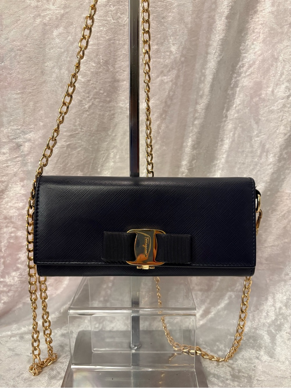 Salvatore Ferragamo Vara Bow Saffiano Leather Continental Wallet Navy Blue Auth